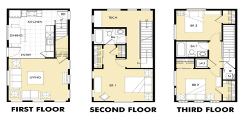 Floor plan for 3 beds, 2 baths